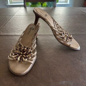 Tan Beaded Strappy Heeled Sandals by Tommy Bahama. Size 6